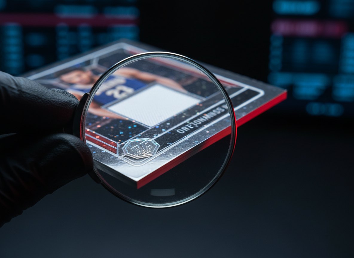 A card corner examined under a magnifying loupe