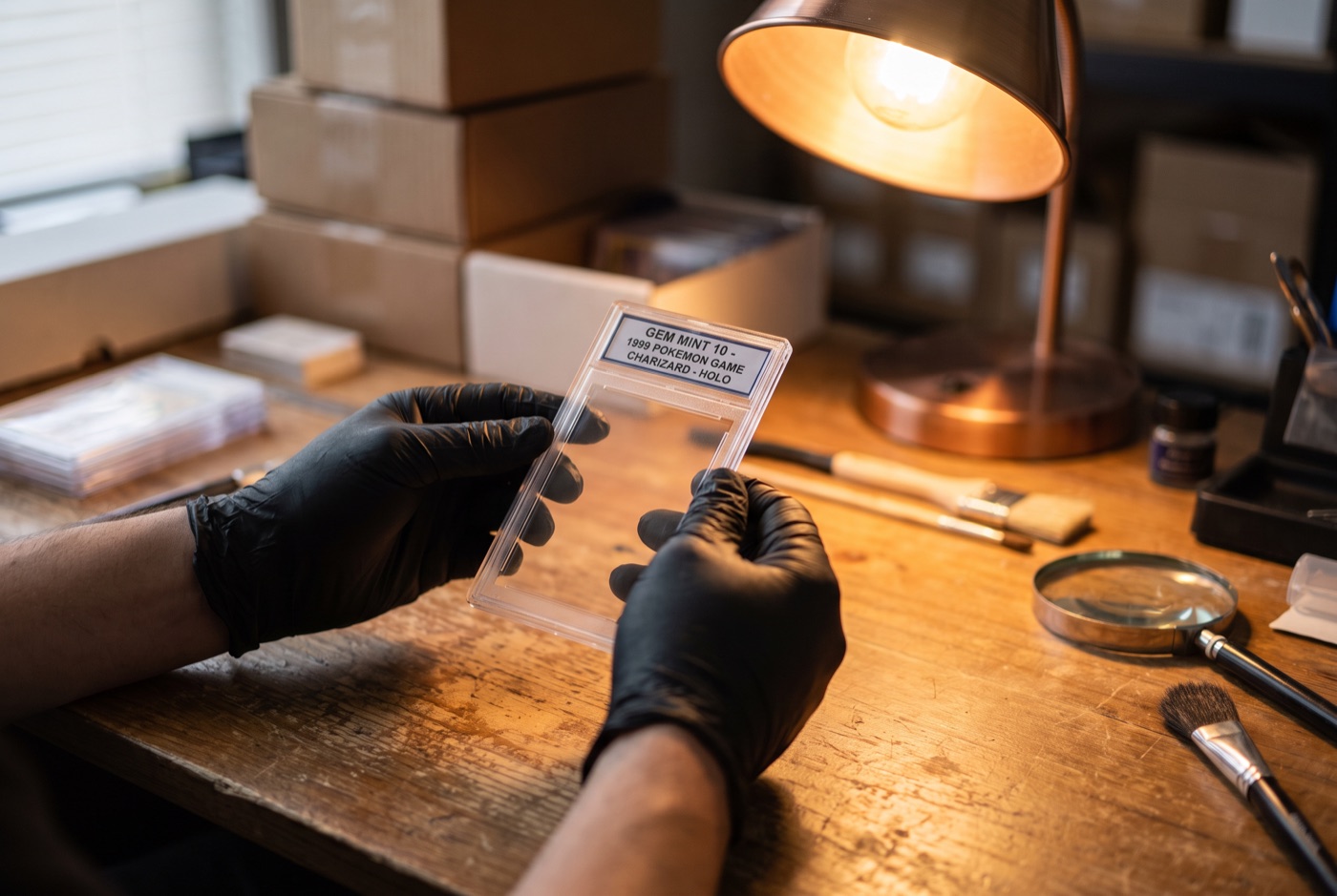 Gloved hands holding a graded card slab at the grading desk